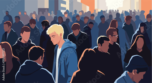 Sad young man with blond hair wearing a blue hoodie standing alone and feeling lonely in a crowded city street.