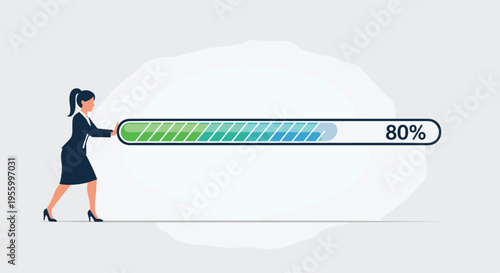 Businesswoman putting in effort to push a digital loading bar that is eighty percent complete for a new project.
