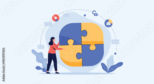 Focused woman fitting together pieces of a large colorful puzzle representing business problem solving and strategy.