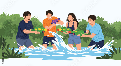 Group of cheerful young friends having fun playing with colorful water guns outdoors on a bright sunny day.
