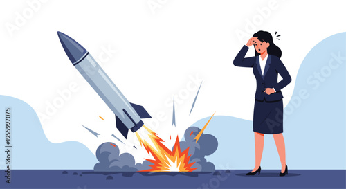 Worried businesswoman watching a rocket crashing and exploding representing a startup failure or financial disaster.