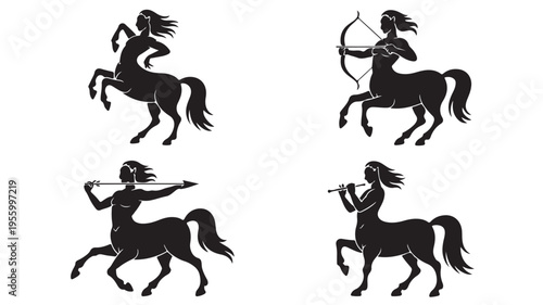 Black Centaur Silhouettes Archery For Mythology Concepts Isolated On White