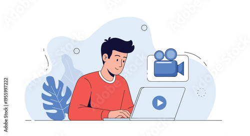 Young man smiling and typing on a laptop with a video camera icon representing online meetings or live streaming.