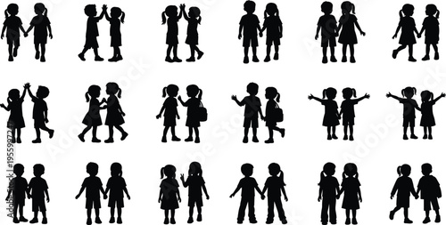 Collection of children silhouettes boys and girls playing together friendship school kids vector isolated black figures set playful childhood activity