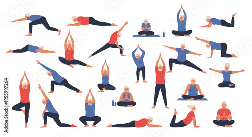 Diverse group of active elderly people practicing various yoga poses and exercises for health and future longevity.