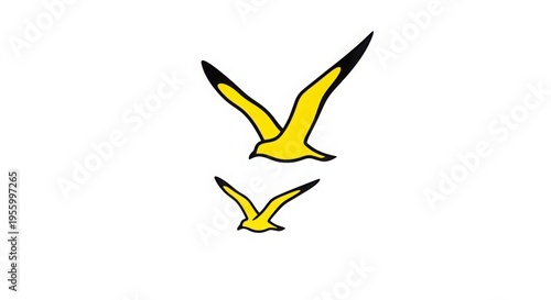 Two yellow birds flying in the air with black tips on their wings