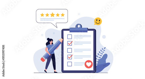 Focused professional woman uses a giant pencil to complete a customer satisfaction survey on a large clipboard featuring high ratings and icons.