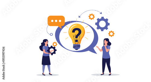 Creative team of women collaborating on innovative ideas symbolized by a giant lightbulb and gear icons during a productive brainstorming session.