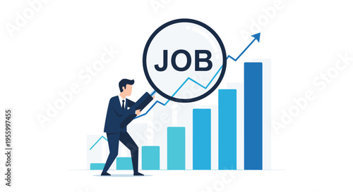 Ambitious businessman uses a magnifying glass to examine job market opportunities and career growth potential on a rising blue bar graph.