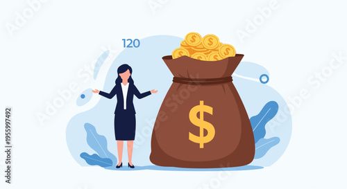 Proud businesswoman standing next to a massive sack filled with gold coins representing significant financial wealth and successful investments.