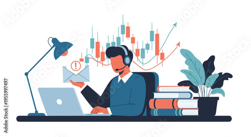Financial consultant wearing a headset manages urgent client emails while monitoring real time stock market trends and candlestick price charts.