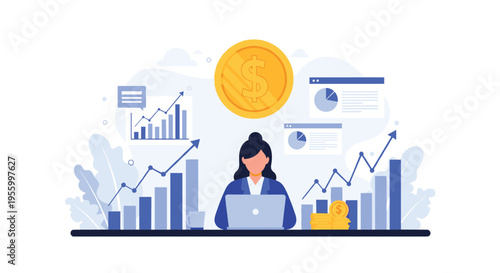Financial analyst working on a laptop surrounded by various data visualizations and a giant gold coin representing investment performance.
