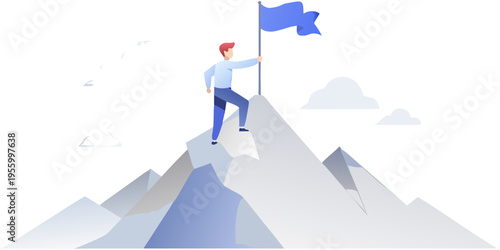 A person plants a flag atop a mountain peak symbolizing achievement