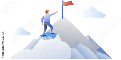 Man celebrating success atop a mountain peak with a waving flag