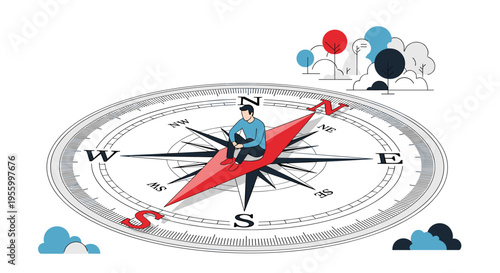 Young man sitting on the needle of a large compass trying to find his way and navigate through important life or business decisions.