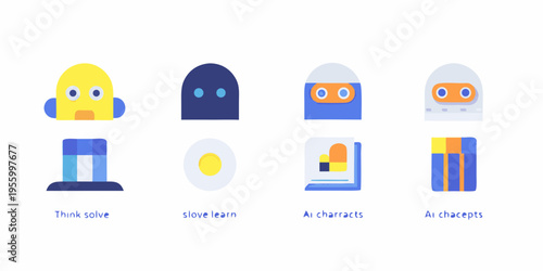 Colorful minimalist robot and object icons arranged in two rows