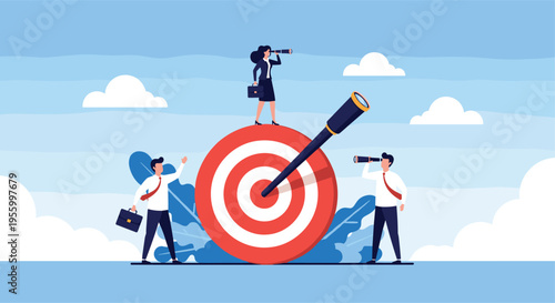 Team of business professionals focusing on a central target using telescopes to identify long term objectives and strategic market opportunities.