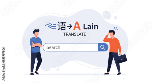 Two professional men using a translation tool search bar to bridge language barriers and communicate effectively in a global environment.