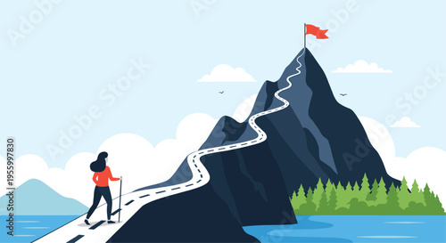 Determined female hiker following a winding path up a high mountain peak to reach a red flag signifying the achievement of a goal.
