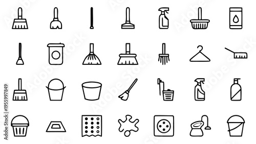 This vector illustration shows a grid of grey line icons for housework including a broom and mop set against a solid and dark black background.
