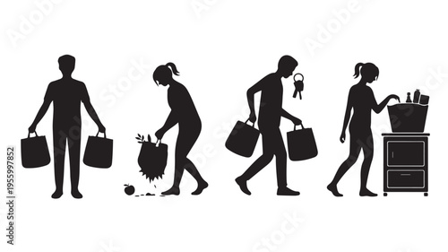 Silhouette of people moving house with luggage and belongings on white background for home and relocation concepts