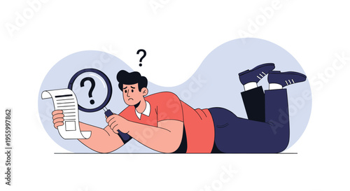 Focused man lying on the floor while using a magnifying glass to carefully examine a document and find answers to his questions.