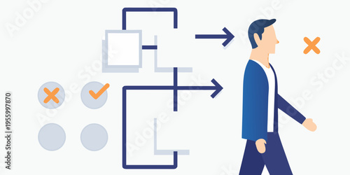 Man navigating a complex system with choices and potential roadblocks
