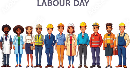 Diverse group of professional workers standing together for labour day celebration isolated on white background