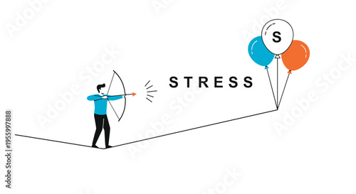 Skillful man balancing on a tightrope while aiming a bow and arrow at stress balloons to find mental balance and overcome pressure.