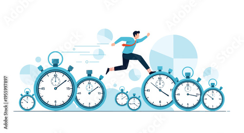 Active businessman jumping across a series of giant stopwatches as a metaphor for managing tight deadlines and time pressure at work.