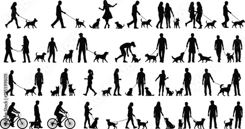People silhouettes walking dogs collection pet owners with puppies leash outdoor activity black isolated vector illustration lifestyle set