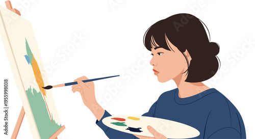 Talented female artist focused on painting a colorful landscape on a canvas using a palette and brush in her bright studio.