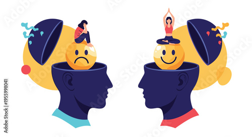 Conceptual illustration of mental health showing one side with sadness and stress and the other with happiness and mindfulness yoga.