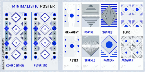A collection of four minimalist geometric posters in blue and gray tones
