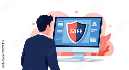 Concerned user looking at a large computer screen displaying a security shield labeled safe for protected data and online safety.