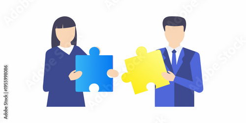 Business professionals connecting puzzle pieces symbolizing collaboration and teamwork