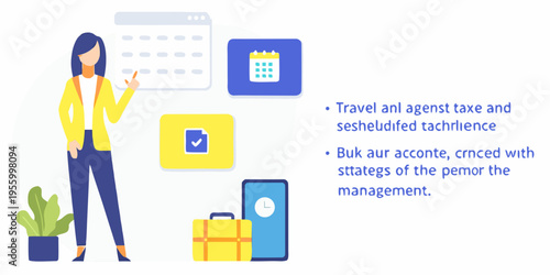 Woman planning travel with calendar phone and suitcase illustrations