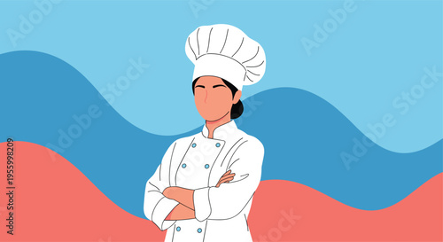 Confident female chef wearing a white uniform and traditional toque hat stands with arms crossed against a colorful abstract background.