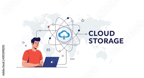 Young man works on a laptop computer connected to a global cloud storage network illustrated with atom-like orbits and a world map.