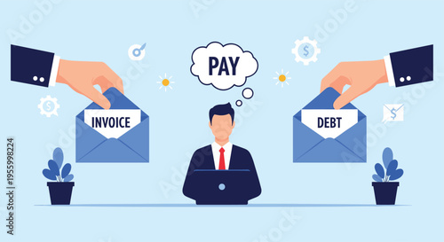 Businessman sitting at his laptop while being presented with an invoice and a debt notice as he thinks about making a payment.