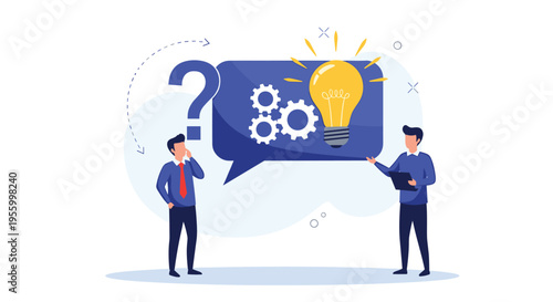 Two business professionals engage in a brainstorming session with a large speech bubble containing cogwheels and a glowing lightbulb idea.