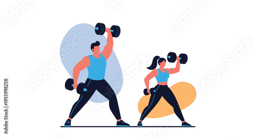 Athletic man and woman lifting heavy dumbbells during an intensive weight training session in a modern fitness gym environment.