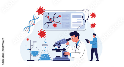 Researcher in white coat examines biological samples through microscope with viral and genetic structures in background.