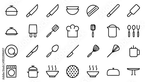 White outline icons representing kitchenware such as plates and mugs are arranged on a black background in a professional grid.