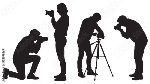 Four Silhouette Photographers At Work On White Background For Media Concepts