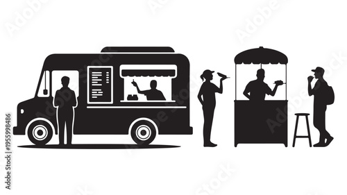 Silhouette of people eating and ordering food from truck and cart on white background for food service concepts