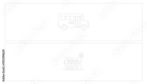 School bus and waiting students at bus stop, back to school concept, simple line art