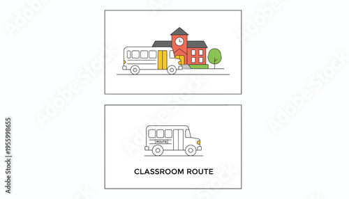 School Bus Arriving at Building, Classroom Route Illustration