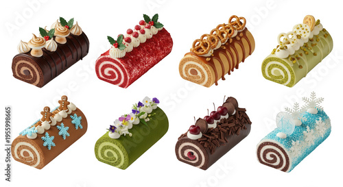 assortment of beautifully decorated holiday yule logs on a white surface festive dessert presentations