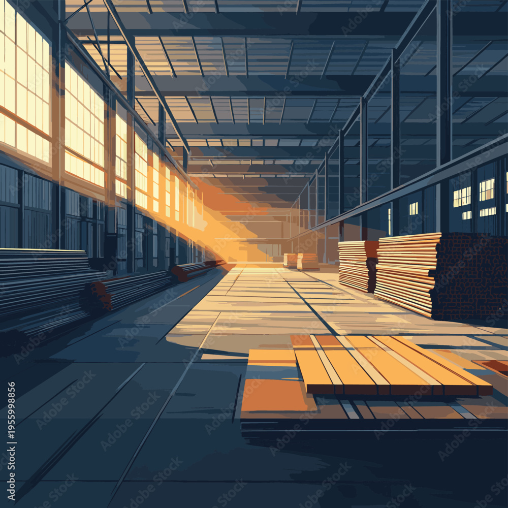 Fototapeta premium A warehouse interior with stacks of metal rods, illuminated by sunlight , vector style simple color